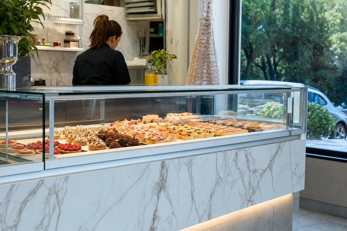 vitrine réfrigérée panoramique en pâtisserie